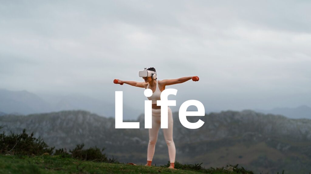 Woman using vr glasses to exercise outdoors with weights