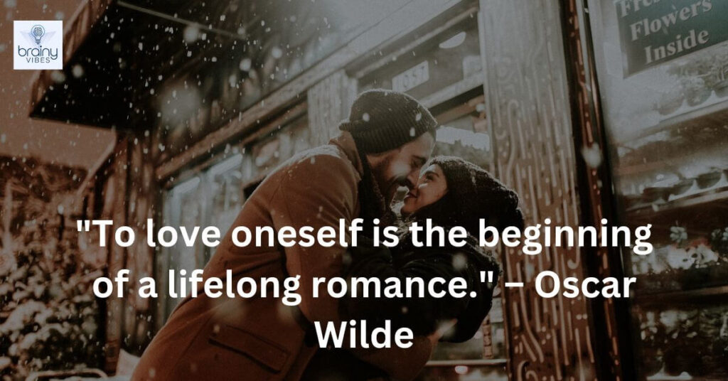 couple love in snow with the pair with quote "To love oneself is the beginning of a lifelong romance." – Oscar Wilde