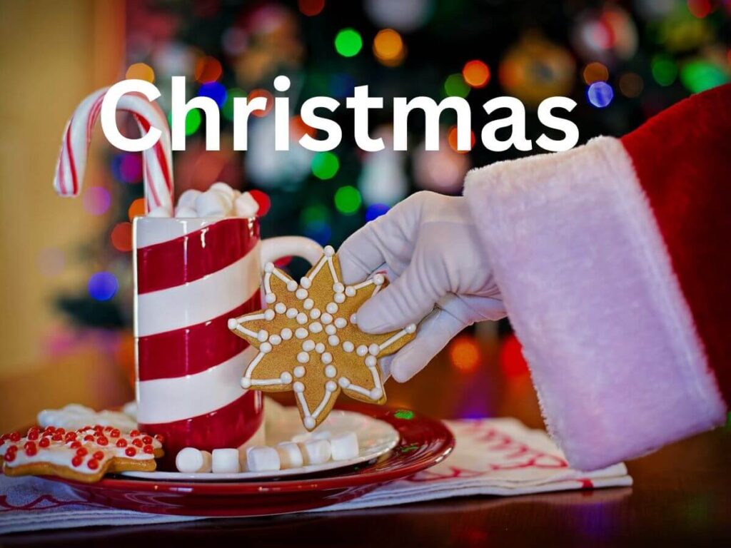 Santa claus, Hot chocolate, Christmas cookies with the text christmas