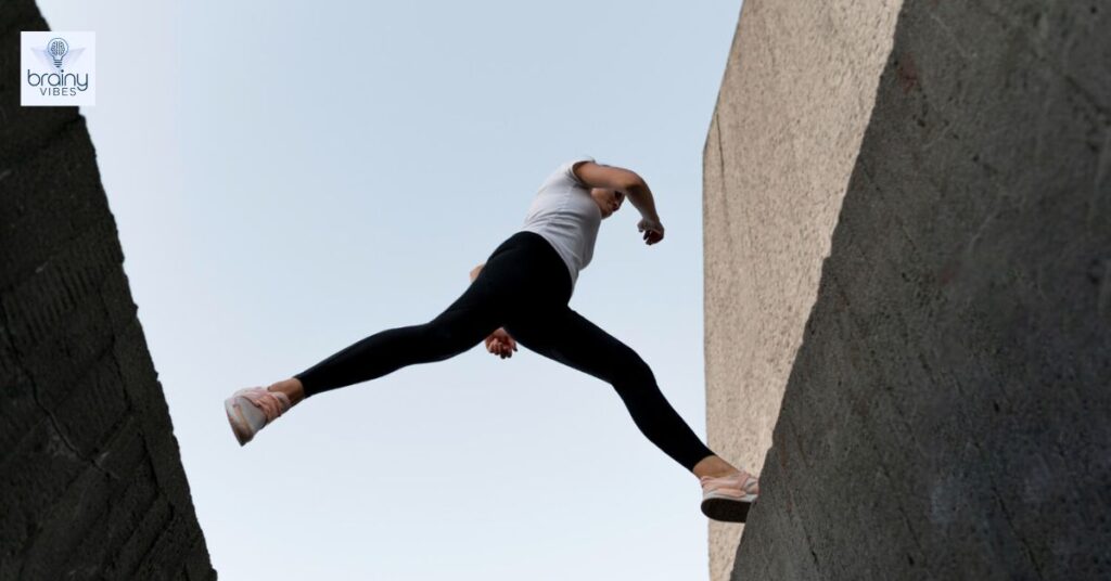 Woman parkouring over buildings