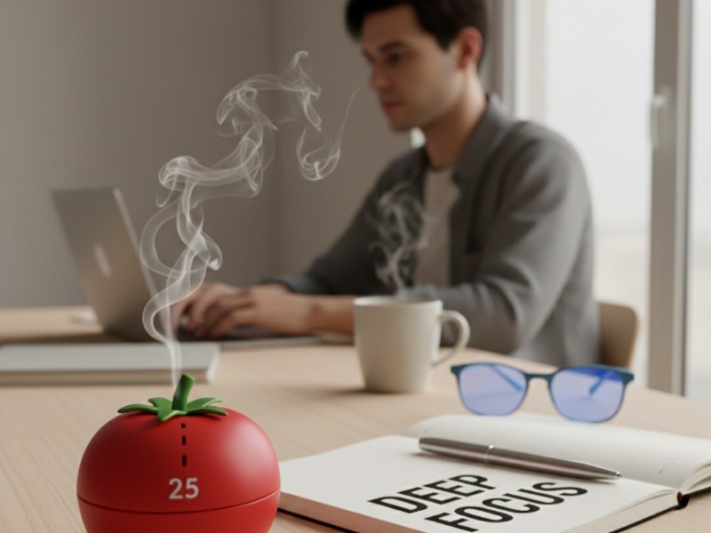 A tomato-shaped Pomodoro timer on a desk for deep focus and productivity
