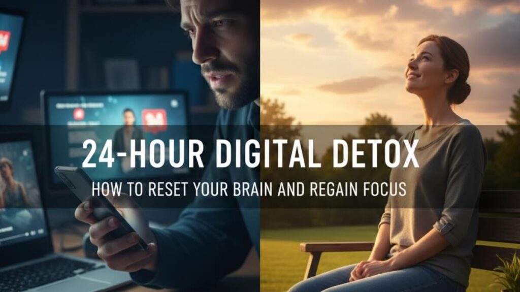 A split-screen comparison showing a stressed person overwhelmed by multiple digital screens versus a calm person enjoying nature during a 24-hour digital detox.