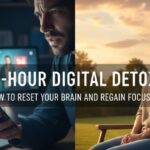 A split-screen comparison showing a stressed person overwhelmed by multiple digital screens versus a calm person enjoying nature during a 24-hour digital detox.