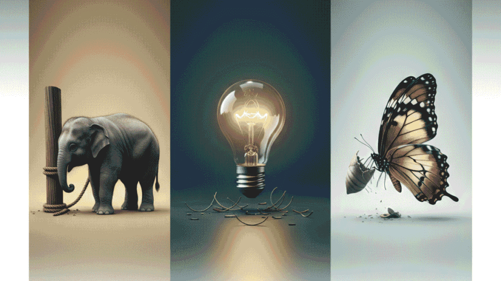 3 inspirational stories about changing your perspective on failure featuring the elephant rope, Thomas Edison light bulb, and butterfly struggle