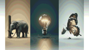 3 inspirational stories about changing your perspective on failure featuring the elephant rope, Thomas Edison light bulb, and butterfly struggle