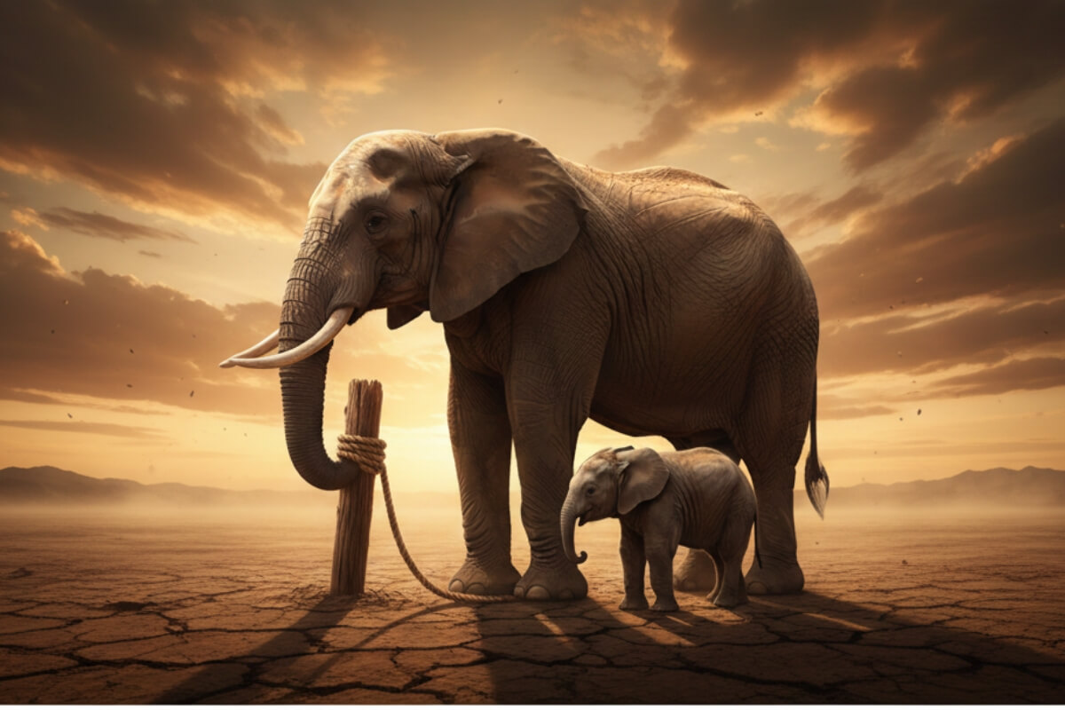 Elephant tied to small rope representing mental limitations and perspective on failure