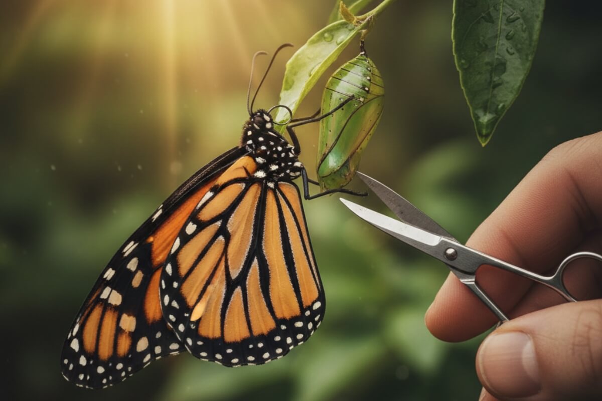 Butterfly emerging from cocoon symbolizing struggle and overcoming setbacks for success